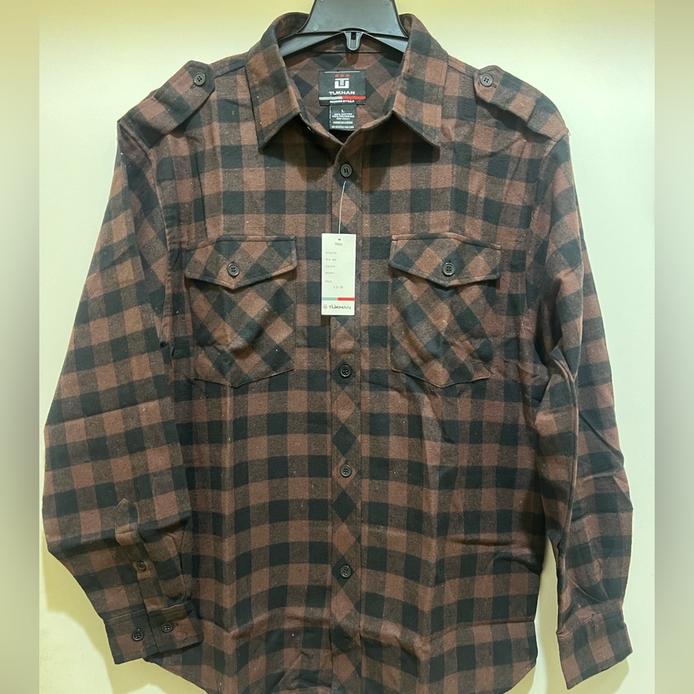 Flannel Plaid Men's Shirt, Soft Fuzzy Fleece Warm - No Lining, Brown Color - NEW